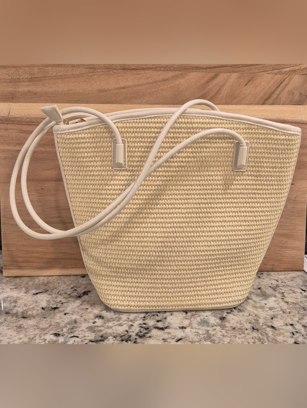 Woven Straw Tote Bag in Cream with White Trim